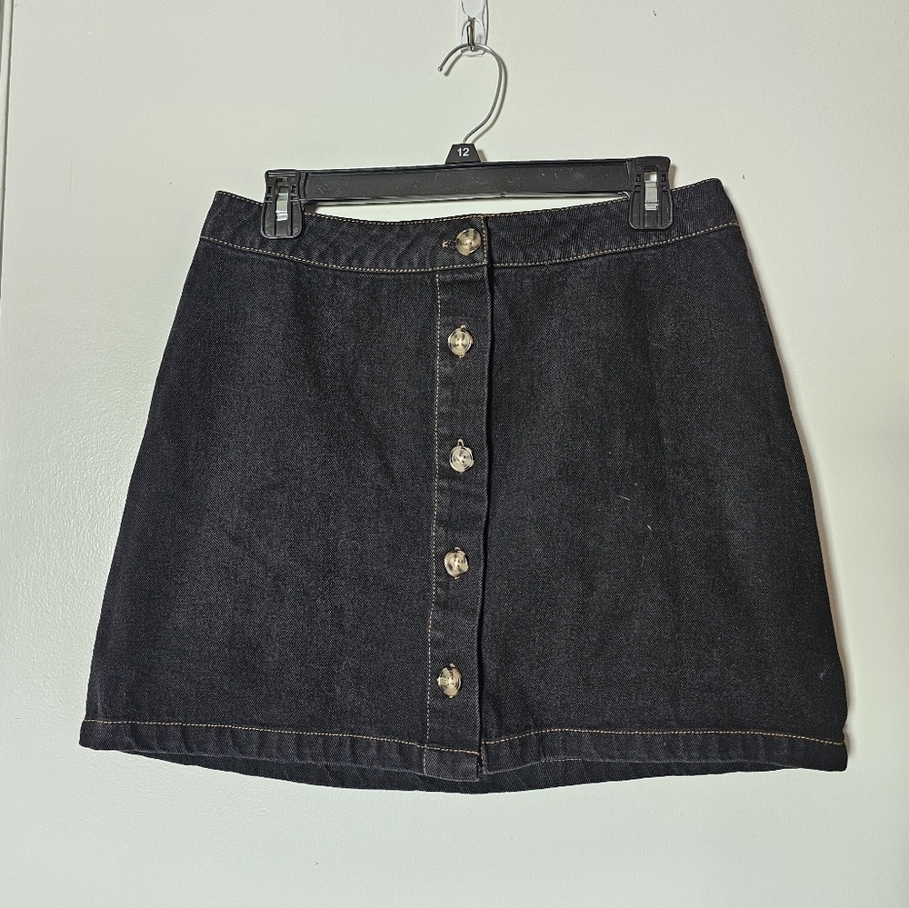 NWT Forever 21 cotton black dark wash denim button down A-line mini skirt Size L